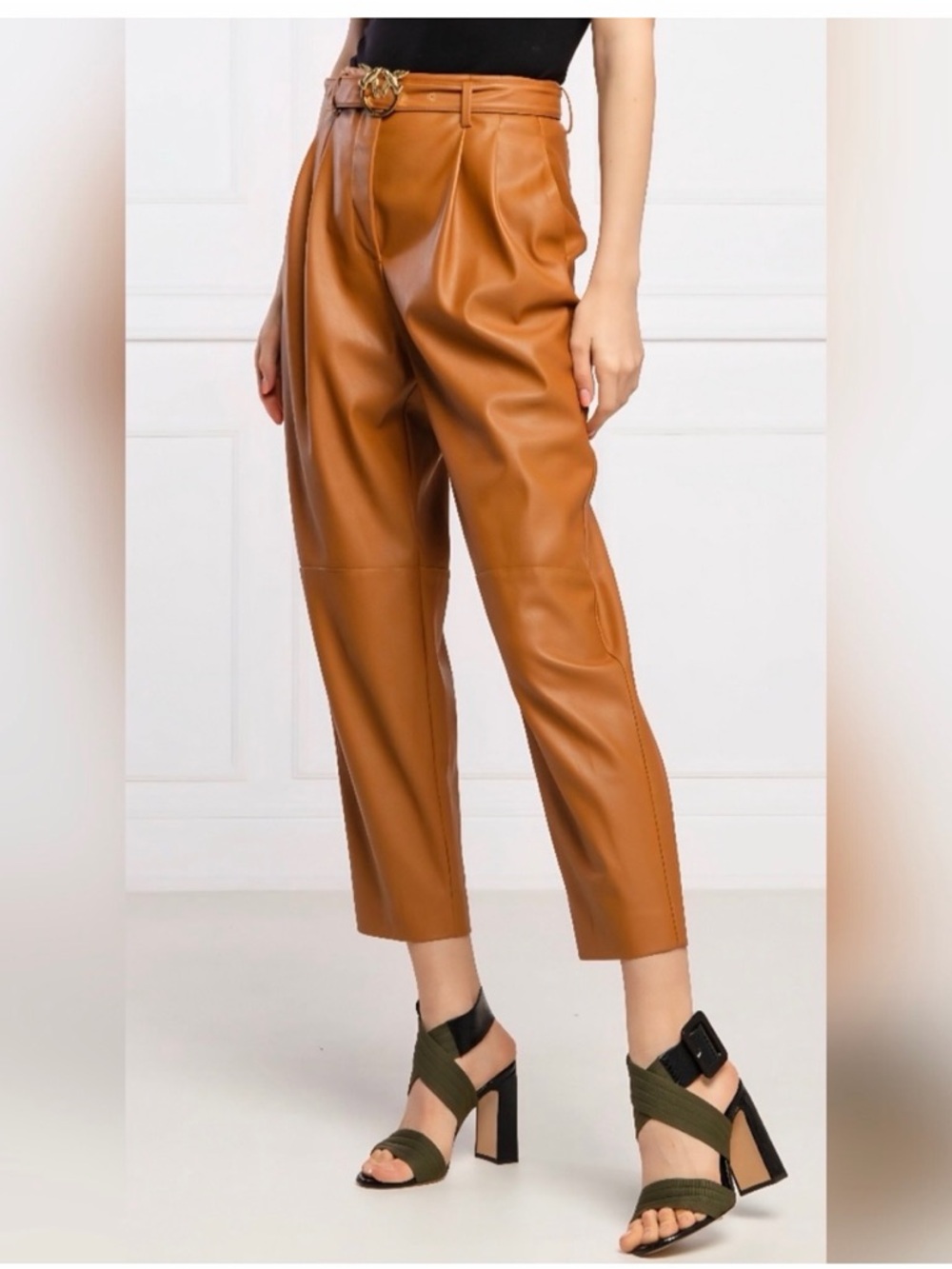Pinko Cognac Faux-Leather Cropped Trousers